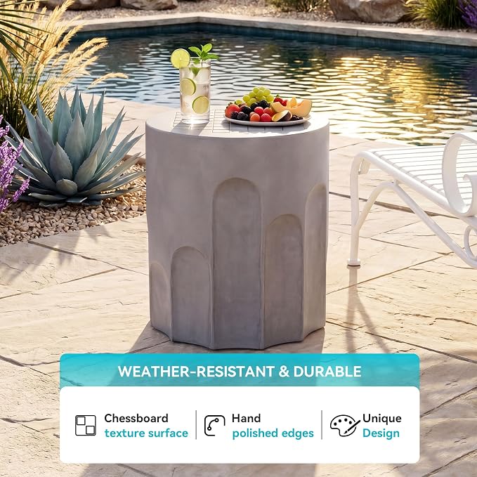 COSIEST Outdoor Side Table, 16.9" Modern Concrete End Table w Chessboard for Patio,Lightweight Round Outside Accent Table & Plant Stand for Garden, Porch, Deck, Balcony，Grey