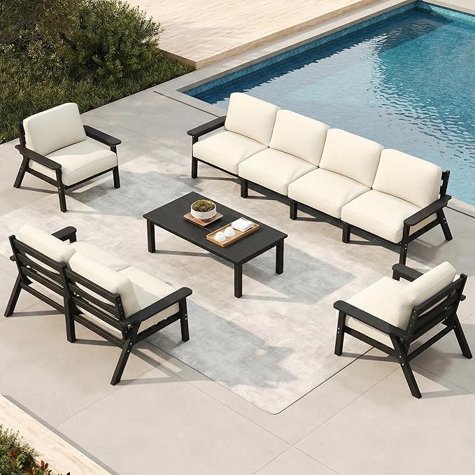 Patio Furniture Set 8 Seats, HDPE Outdoor Sectional with Beige Washable Thick Cushions, Coffee Table, Patio Conversation Sets for Lawn, Garden, Porch, Balcony, Deck (Black Frame)