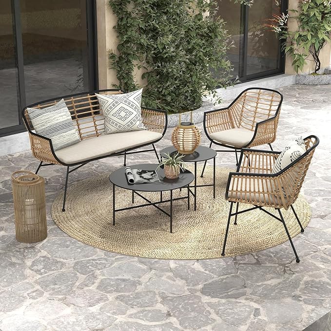 Grand patio Patio Furniture Set, Outdoor Wicker Patio Conversation Seating Chair with Cushions and Coffee Table, Boho Seating Chat Set for Indoor Outdoor, Balcony, Porch, Garden, Deck