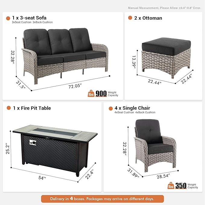 8-Piece Outdoor Patio Furniture Set with Fire Pit Table,All Weather Wicker Rattan Patio Seating Sofa and Chair Set with Ottomans,Outdoor Conversation Sets w/ 3 Seater Couch for Porch Deck Yard,Black