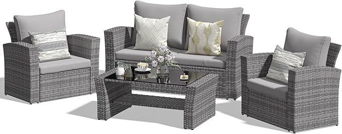 4-Piece Outdoor Patio Furniture Set, All Weather Wicker Rattan Sectional Sofa Conversation Seating Set with Cushions & Large Glass Coffee Table, Ideal for Garden Backyard Porch, Grey