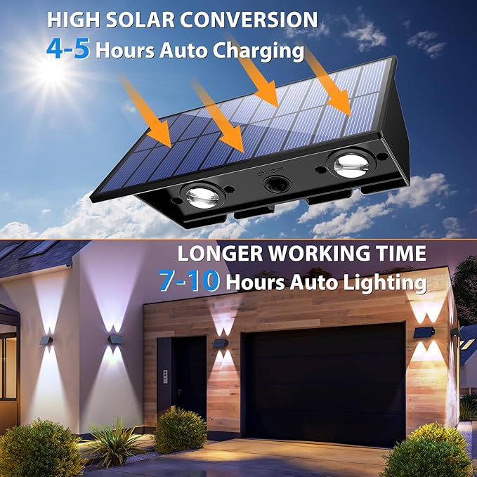 Solar Wall Lights Outdoor,6Pack Fence Lights Solar Powered 2700/4500/6000K 3 Modes Up & Down Waterproof 100 Lumens Dusk to Dawn Fence Light for Outside/Backyard/Pool/Railing/Patio/Porch/Step