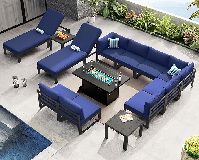 NICESOUL 13 Piece Large Contemporary Aluminum Outdoor Furniture Set with Chaise Lounge & Fire Pit Table, 29" Deep Couch Set, 500 lbs High Weight Capacity Patio Sectional Sofa for Poolside, Navy Blue