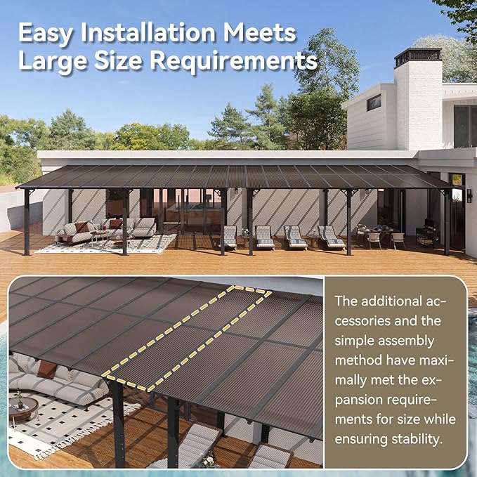 Aoxun 42' x 10' Pergola for Patio, Gazebo with Sloped Roof, Grill Pergola Large Wall-Mounted Heavy Duty Awnings, for Backyard, Deck, Patio