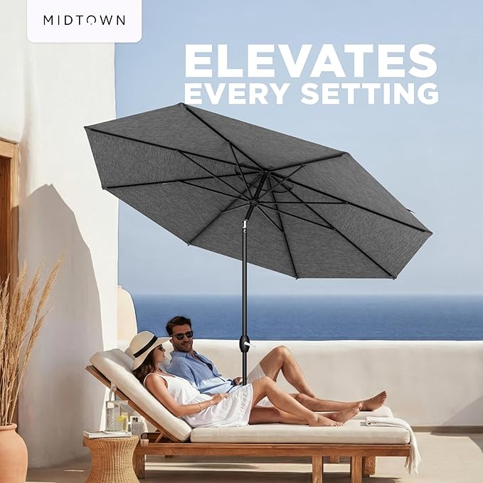 Midtown Umbrellas – The Lean 9 Ft Patio Umbrella with 10-Year-No-Fade Acrylast Acrylic Fabric, Auto-Tilt and 8 Reinforced Ribs for Deck, Pool, Garden, Hotel & Cafes – Stonecast Grey Canopy, Black Pole