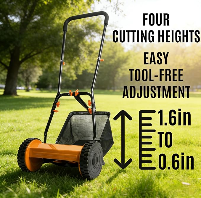 14in Push Along Lawn Mower - Lightweight 13.2 lbs - 4 Cutting Heights 0.6" to 1.6" - Rear Roller for Stripes - 14in Heavy Duty Steel Blades - 4.8 Gallon Collection Box (14 in)