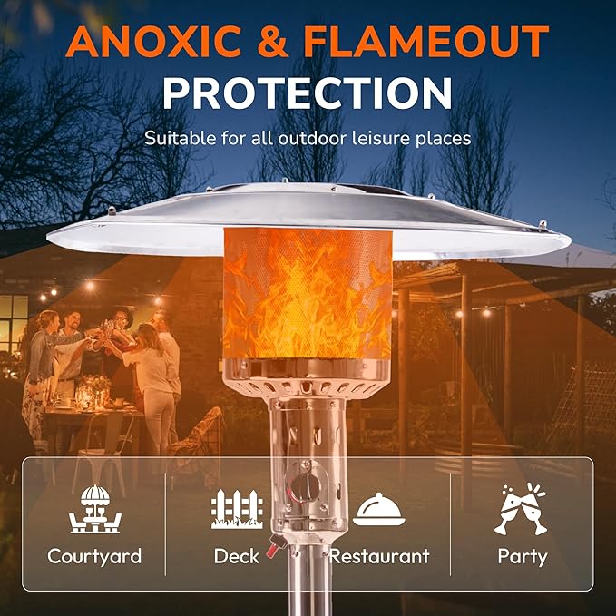 HEXAGO Outdoor Propane Patio Heater, 47,000 BTU Stainless Steel Standing Heater with Wheels, One-Touch Ignition & Adjustable Heat Control, Safety Auto Shut-Off System for Garden, Backyard & Restaurant