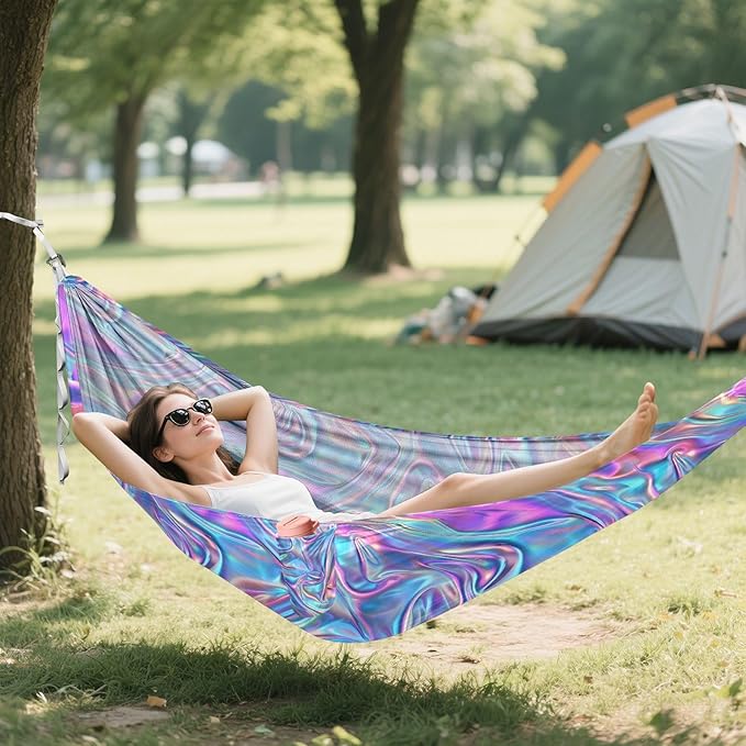 Camping Hammock Outdoor Hammocks for Outside Holographic Patterns Beach Trees Portable Lightweight with Pockets Tree Straps Indoor