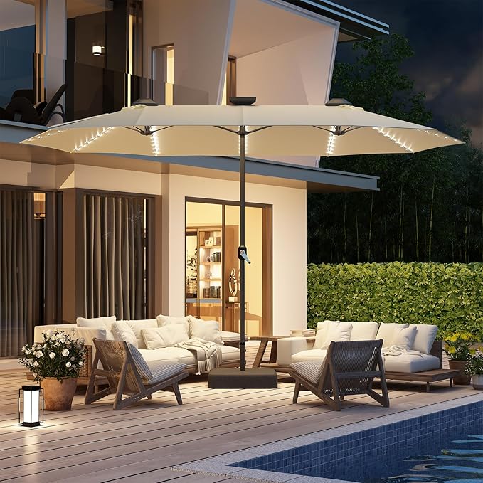 AECOJOY 15ft Large Patio Umbrella with Solar Lights, Double-Sided Outdoor Rectangle Market Umbrella with Base Included, 156 PCS LED Lights, Crank Handle for Garden Deck Pool in Tan(1.9" Pole)