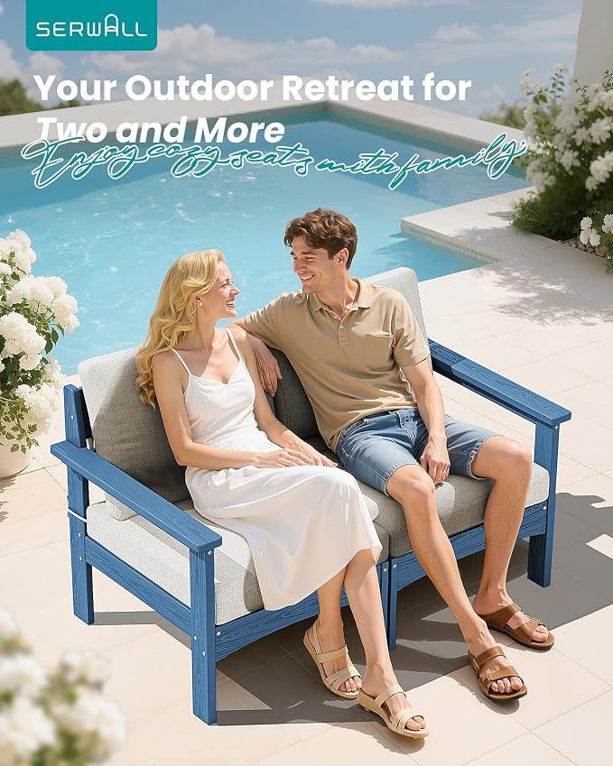 SERWALL HDPE Patio Loveseat Sofa, 2 Pieces Single Sofa, Weather-Resistant Outdoor Furniture Chair with Thick Removable Cushion, Balcony, Garden, Backyard, Poolside, Blue Frame with Khaki Cushion
