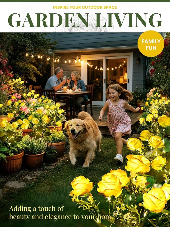 GIGALUMI Solar Lights Outdoor for Garden Decor, 4 Pack Solar Flower Lights Waterproof, 2 Lighting Modes 28 Roses for Pathway,Yard, Patio Decoration, Gardening Gifts for Women (Yellow)