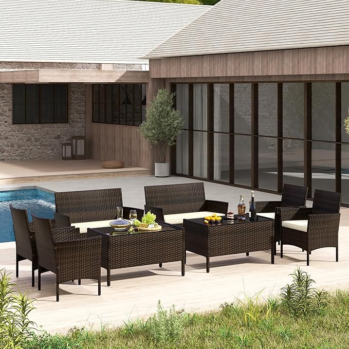 Tangkula 8 Piece Patio Rattan Conversation Set, Outdoor Wicker Furniture Set with Chair, Loveseat & Tempered Glass Table, Cozy Seat Cushions, Outside Sectional Sofa Set for Backyard, Porch (2, Beige)