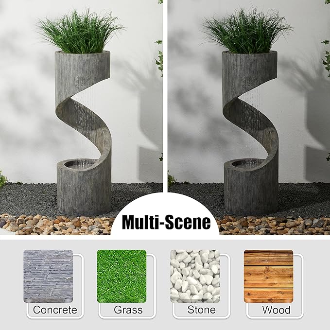 Glitzhome Outdoor Fountain with LED Light, Oversized Spiral Water Fountain Outdoor with Stone Planter, Modern Curved Waterfall Fountains Water Feature for Garden Patio, 40”H