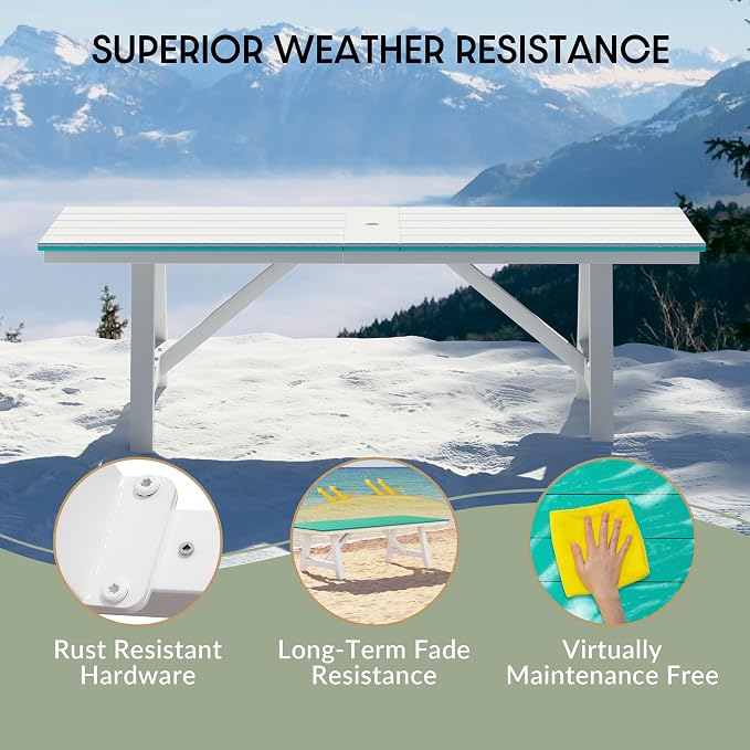 WestinTrends Cape May 90" HDPE Rectangle Outdoor Patio Dining Table with Umbrella Hole and Metal Frame, Turquoise
