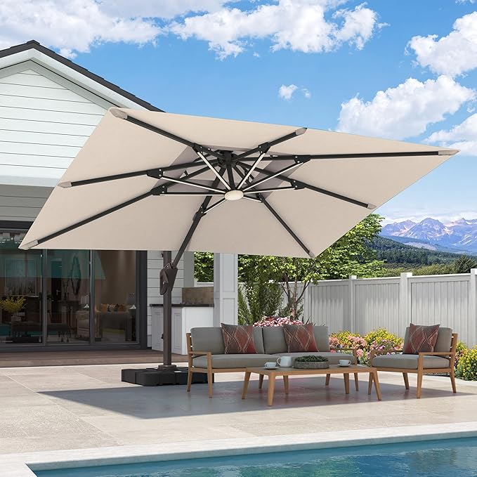 9x12 FT Cantilever Patio Umbrella with Led Lights Double Top Outdoor Rectangular Large Heavy Duty Aluminum Offset Umbrellas with 7 Level Tilt 360-degree Rotation for Pool Garden Deck, Beige