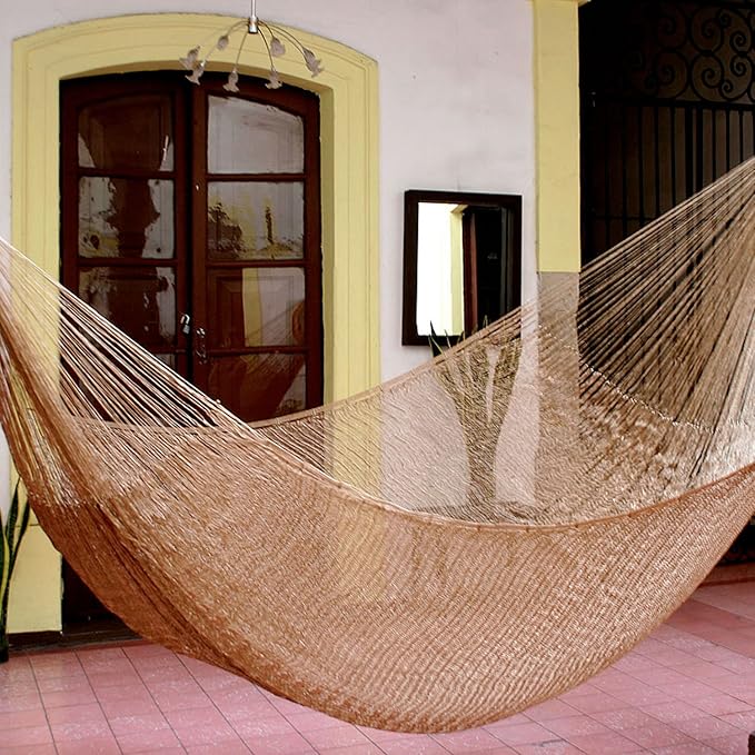 NOVICA Metallic Copper Brown Nylon Hand Woven Mayan Rope 2 Person XL Hammock, 'Glowing Bronze' (Double)