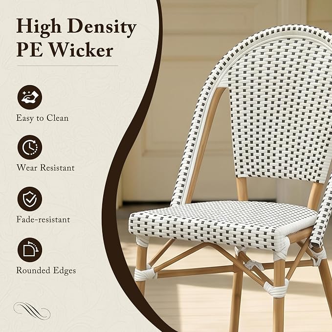 PURPLE LEAF 3-Piece French Bistro Dining Set Round Outdoor Patio Table and 2 Armless Chairs Tempered Glass Top PE Rattan Champagne Print Finish Aluminum Frame White