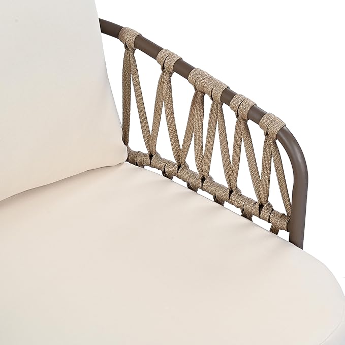 Montary 4-Piece U-Shaped Outdoor Patio Conversation Set - Metal Chairs with Woven Rope Design, Includes Acacia Coffee Table & Thick Cushions for Garden,Poolside, Balcony, Backyard (Brown)