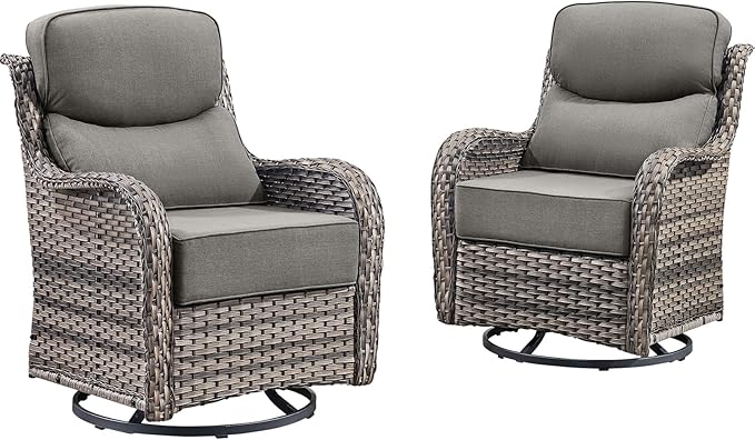 Rilyson Outdoor Swivel Rocker Chairs - All Weather Resistant Wicker Patio Furniture Set of 2 with High Back and 6 inch Thick Cushions for Deck Porch Yard and Poolside, Mixed Grey/Grey