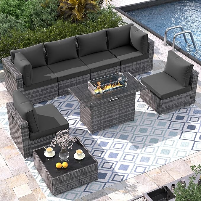 Patio Furniture Set with 43" Fire Pit Table, 8pcs Outdoor Sectional Sofa Set Heavy Duty Wicker Furniture Set with 2 Waterproof Covers