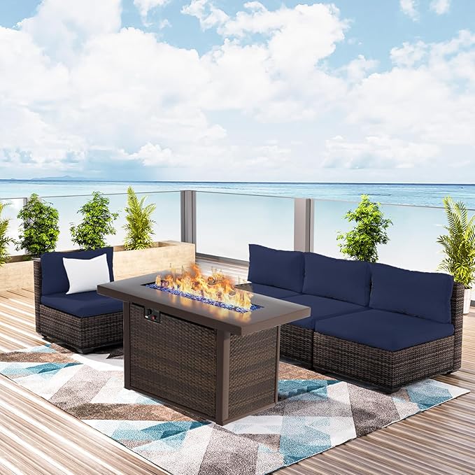 Patio Furniture Set with Fire Pit Table, Outdoor Sectional Rattan Sofa Set, Patio Set Seating Furniture with Thickened Cushions (Blue, 5 Pieces)