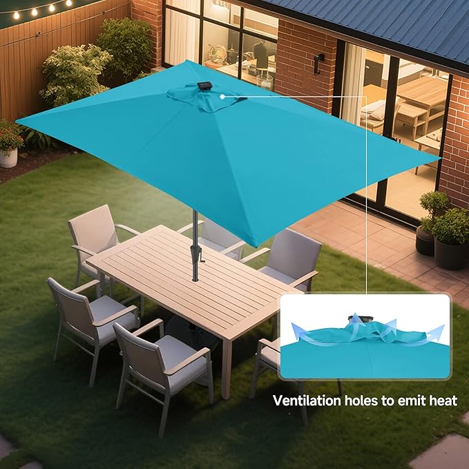 FLAME&SHADE 6.5 x 10 ft Rectangular Solar Powered Outdoor Market Patio Table Umbrella with LED Lights and Tilt, Aqua Blue