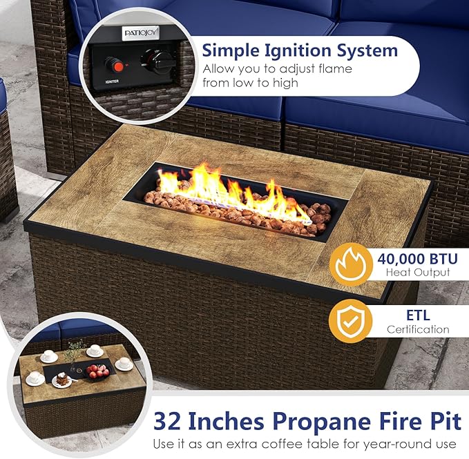 Tangkula 7 Pieces Patio Furniture Set with 32” Fire Pit Table and Propane Tank Cover, Outdoor PE Wicker Sectional Conversation Set with Cushions for Deck, Backyard, Protective Cover Included
