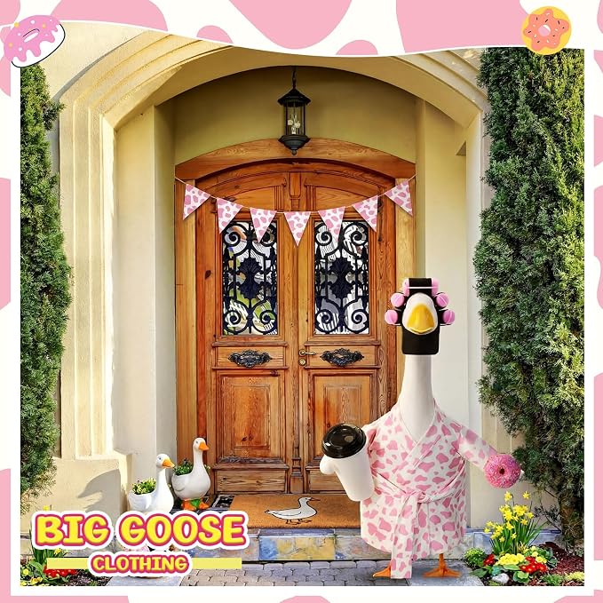 Shyyween Lady Porch Goose Outfit for 23'' Cement Plastic Lawn Goose Statue Clothes Cow Bathrobe Coffee Cup Curlers for Outdoor Garden Yard Patio Decoration