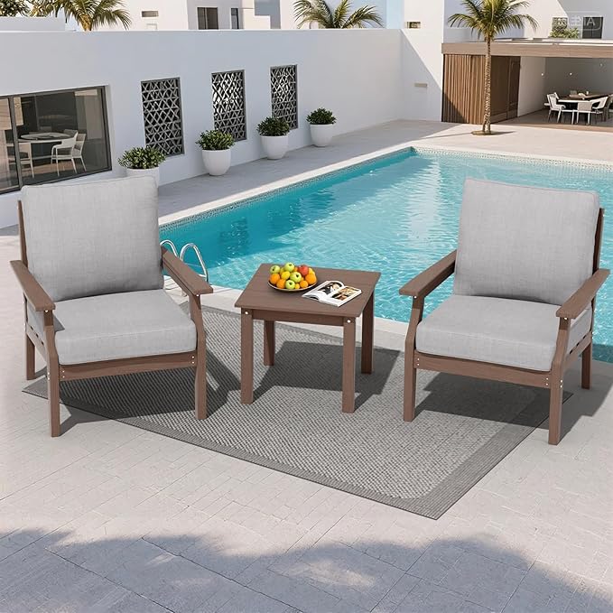 HDPE Patio Conversation Set, 3-Piece All Weather Outdoor Furniture Set with 2 Single Sofas for Deck, Lawn, with Cushion, Brown