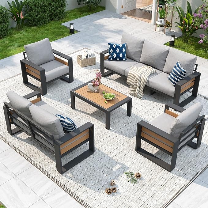 Aoxun Aluminum Patio Furniture Set, 5 Piece Luxury Outdoor Sectional with 6" Olefin Fabric Cushions, Patio Conversation Sets with Coffee Table and Waterproof Cover for Backyard, Porch Light Grey