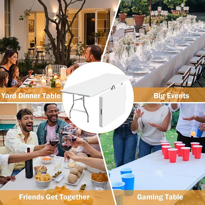 VTOY 8FT（30" x 96"） Folding Table, Indoor Outdoor Heavy Duty Picnic Table with Carrying Handle,Plastic Fold up Table for Picnic, Party, Camping，Office - White