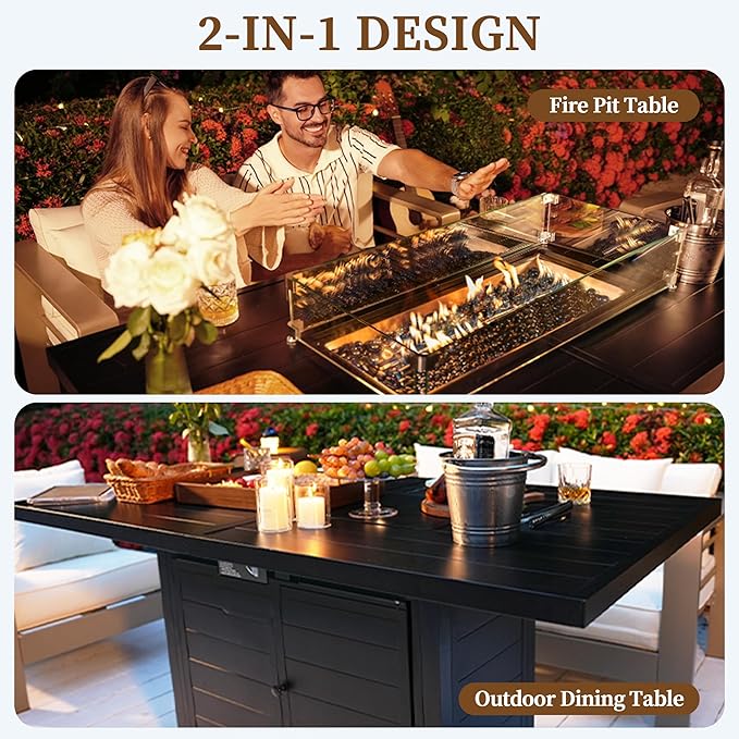 PIZZELLO 5-Pieces Patio Furniture Set w/ 60" Propane Firepit Table and 6 Patio Dining Chairs, Outdoor Conversation Set 50,000 BTU Aluminum Gas Fire Pit Stackable Patio Chairs Set of 4 for Backyard