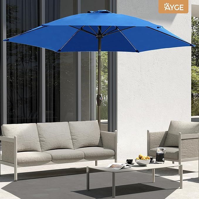 Ayge 7.5FT Large Outdoor Patio Umbrella Market Table Umbrella-UV Resistant, Easy Push Button Tilt and Crank, 6 Sturdy Fiberglass Ribs Heavy-Duty Pool Umbrella for Deck, Backyard,Garden, Yard,Blue