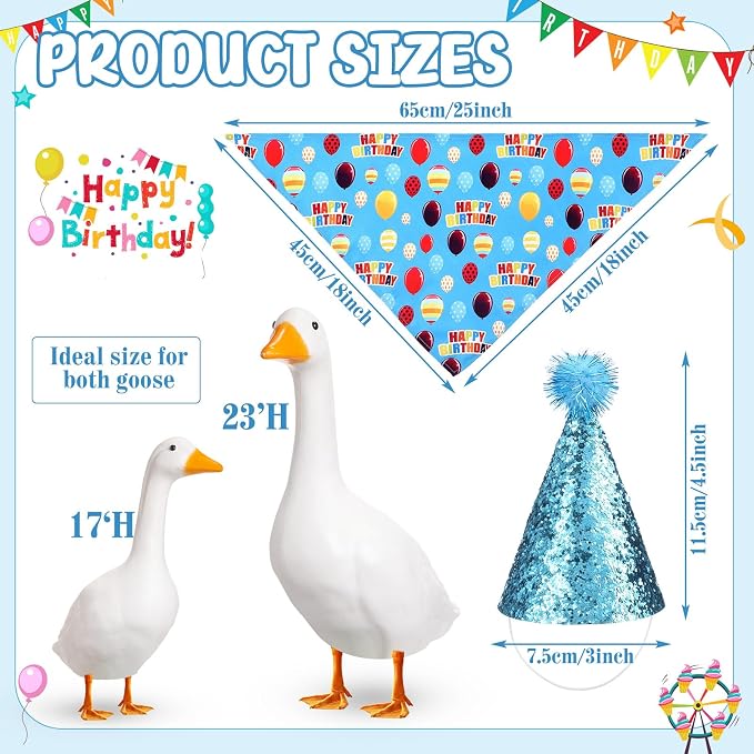 Happy Birthday Goose Outfit with Glitter Hat and Bandana,Blue | for 23" 17" Cement Plastic Porch Goose, Outdoor Statue Patio Yard Lawn Art