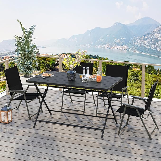Tangkula 5 Pieces Foldable Outdoor Dining Set for 4, Patio Large Rectangular Metal Dining Table & 4 Patio Folding Chairs, Outdoor Table and Chairs Furniture Set for Backyard Garden Deck