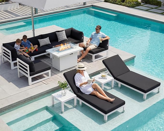 RADIATA 8 Seat Large Aluminum Patio Conversation Set with Lounge & Fire Pit Table, 29" Deep Wide Seat, High End Modular Sectional Seating, 500 lbs Heavy Duty Anti-Rust Outdoor Sofa for Poolside, Black