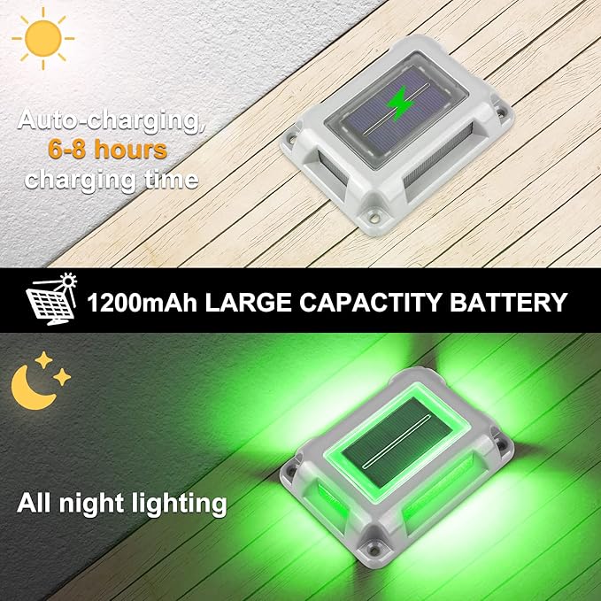 Solar Green Deck Lights Driveway Dock Lights St. Patrick's Day Decor Light- 8 Packs Waterproof 1200mAh Outdoor LED Aluminum Dock Lighting Road Markers for Driveway Sidewalk Garden Pathway Yard