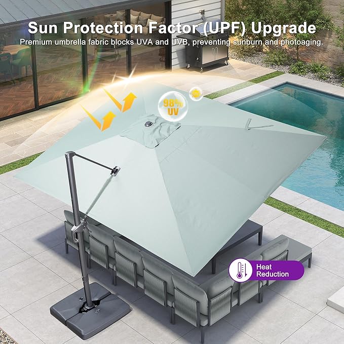 PURPLE LEAF Patio Umbrella 10' X 13' Rectangle Cantilever Umbrella Large Aluminum Outdoor Umbrellas with 360-degree Rotation & UPF40+ Premium Fabric for Deck Pool Garden Yard, Mint Green