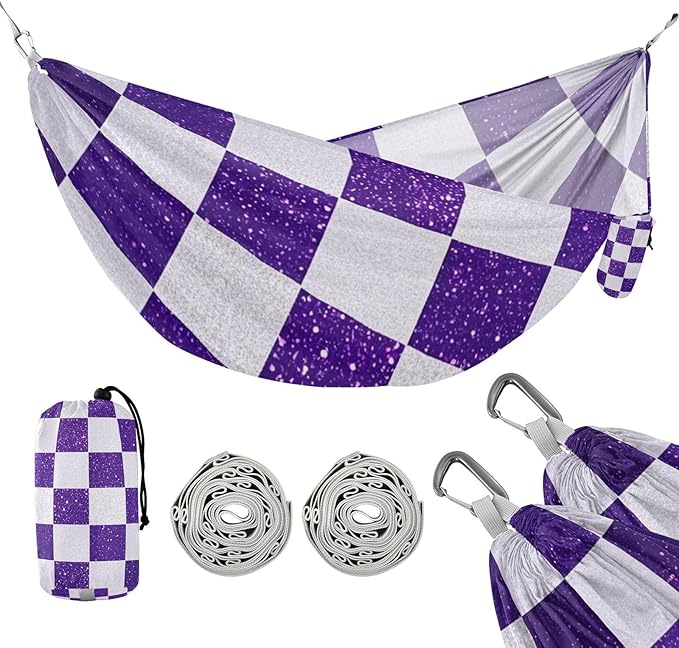 Fake Glitter Checkerboard Squares White Purple 330lb Capacity Camping Hammock Portable Hammock for Camping Travel Accessories hamacas para Deck