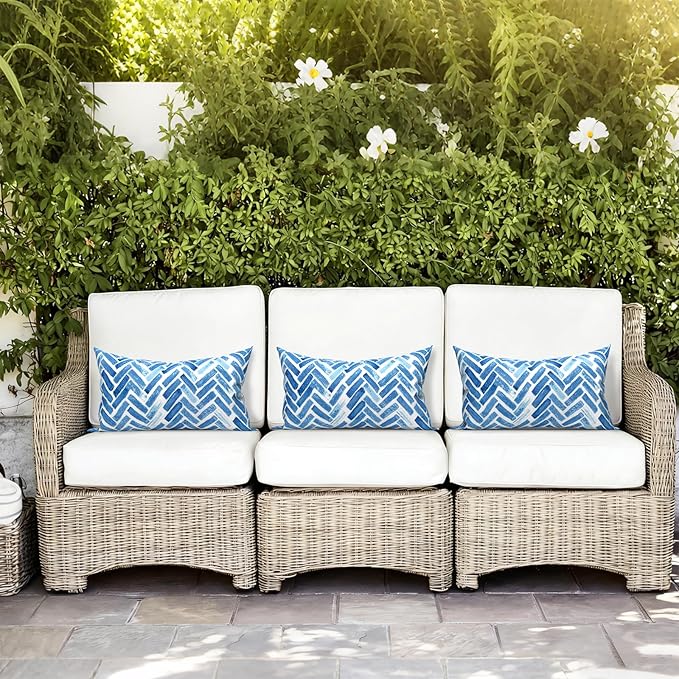 LVTXIII Set of 2 Patio Lumbar Pillows, 12”x20” Fade Resistant Outdoor Lumbar Pillow with Inners, Fluffy Decorative Garden Lumbar Cushions for Home Patio Coach Sofa Use, Blue Brick