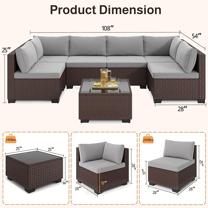 Ahomly 7-Piece Patio Furniture Set, Outdoor Sectional Couch with Water-Resistant Cushions & Coffee Table, PE Rattan Outdoor Patio Sofa Set for Backyard, Deck, Garden, or Porch, Grey