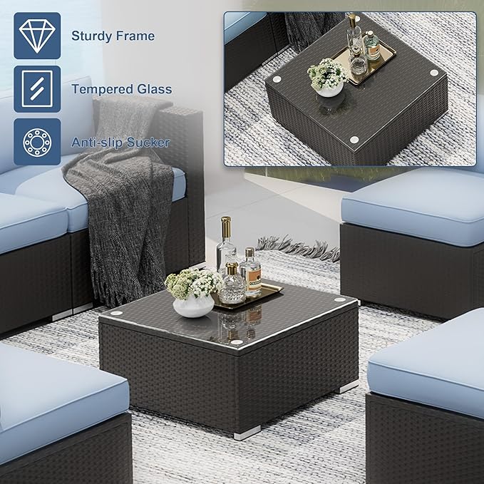 SUNCROWN 7-Piece Outdoor Patio Furniture Sofa Set All-Weather Wicker Sectional Conversation Set with Modern Glass Coffee Table and Cushions（Light Blue）