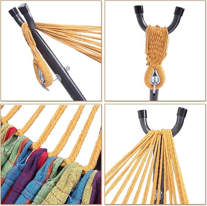 Outdoor Hammock with Stand, Space-Saving Mordern Hammock Swing, 250lbs Weight Capacity, Weatherproof Fabric & Metal, Quick Setup and Takedown, include Storage Bag, Hamaca Con Soporte, Colorful Stripes