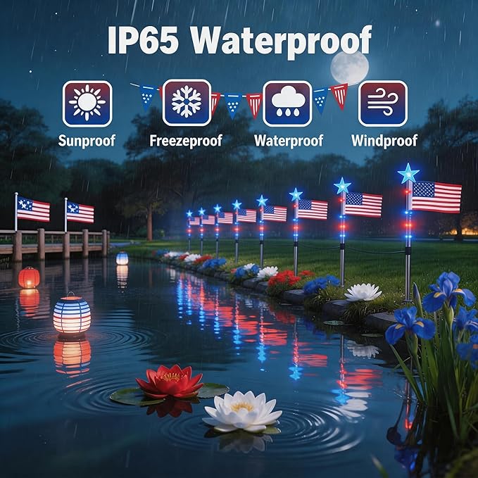 4th of July Decorations Outdoor, 8 Piece Flag Light Set with Timer, Red White and Blue Solar Pathway Lights, American Flag Yard Garden Lights IP65 Waterproof(8-Piece Flag Light Set)