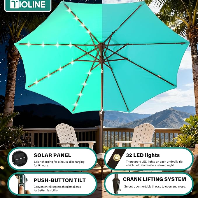 9FT Solar-Powered LED Patio Umbrella with Tilt Crank,Outdoor Market Umbrella with 32 Lights,Sunshade for Deck, Garden and Pool