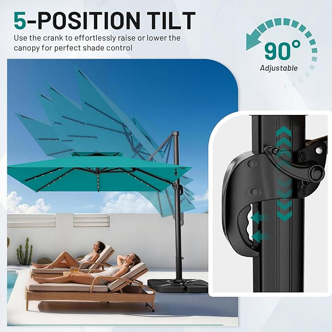 AreShark 10×10FT Solar LED Cantilever Umbrella, Double-Top Outdoor Patio Offset Umbrella with 360 Degree Rotation, Large Square Canopy with Lights for Garden Deck Pool, Turquoise Blue