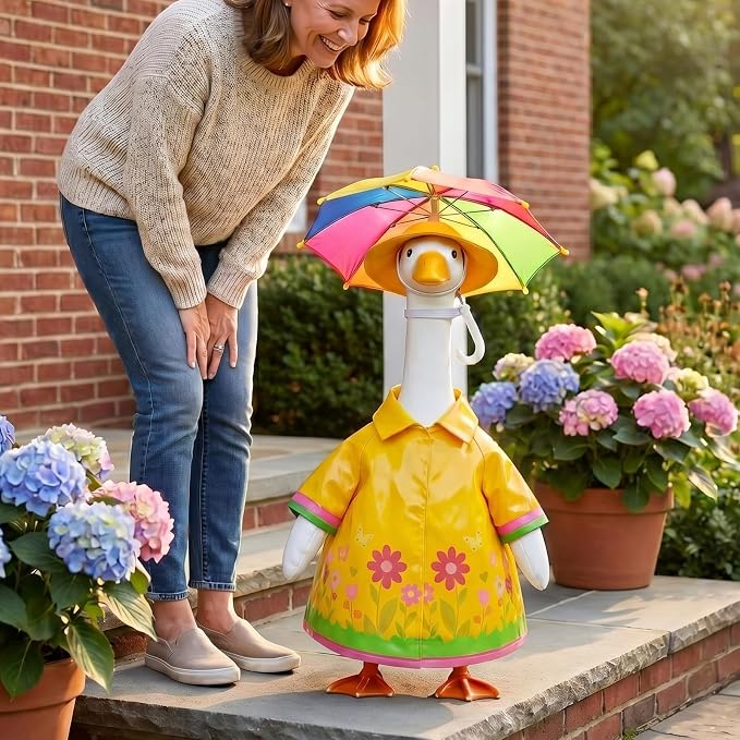Funny 3-Piece Raincoat Porch Goose Outfits, Yellow Floral Raincoat, Rainbow Umbrella & Sun Hat, Lawn Goose Costume Set for 23" Statue, Summer Yard Goose Clothes Set, Outdoor Patio Garden Decoration