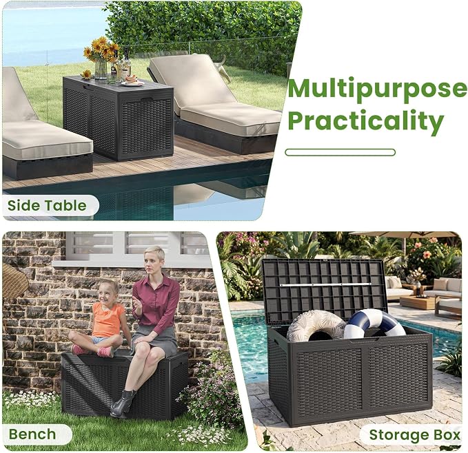Giantex 100 Gallon Resin Outdoor Storage Box, Waterproof Deck Box w/Lockable Lid & Wheels, Rattan Storage Container Bench for Patio Cushions, Pool Accessories, Gardening Tools, 440 lbs (Grey)