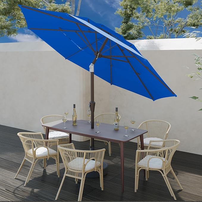 9FT 3 Tiers Patio Umbrella With Auto Tilt And Crank, Outdoor Table Market Umbrella with 8 Sturdy Ribs for Garden, Lawn, Deck, Backyard and Pool