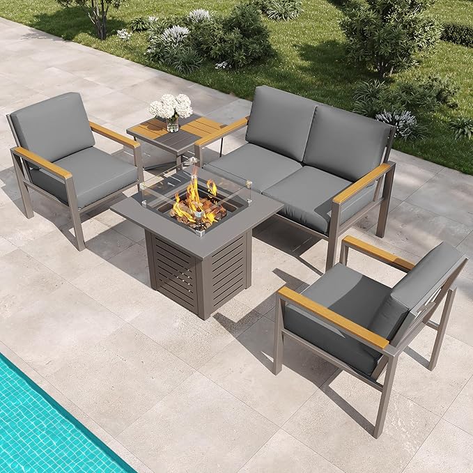 5-Piece Patio Furniture Set with 28” Propane Fire Pit Table, Heavy-Duty Metal Outdoor Conversation Set with Deep Cushions & Wood-Like Armrests for Patio, Porch, Backyard, Garden – Black